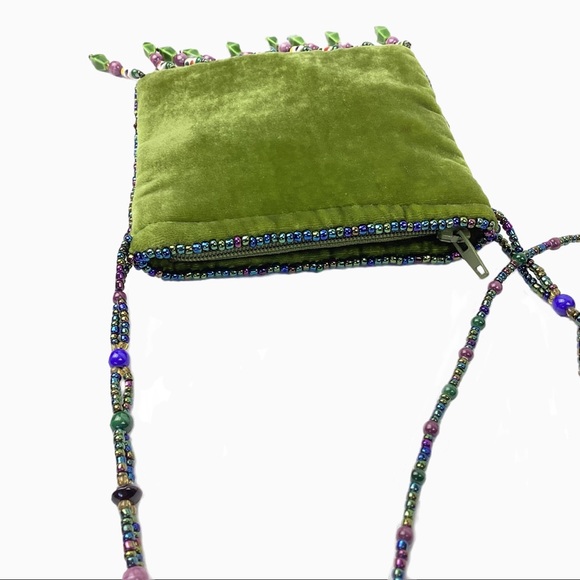 Velveteen Boho Mini Purse in Green has Feathers, Beaded Fringe and Strap. - Picture 3 of 7
